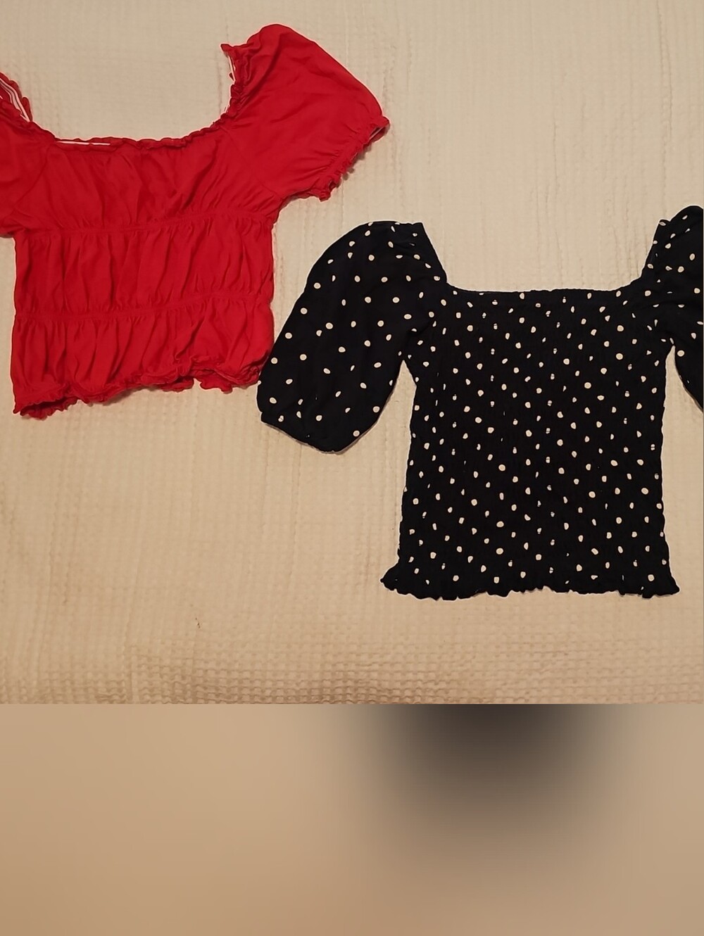 Girls Red Smocked Top & Navy Polka Dot Puff Sleeve Top - Set
